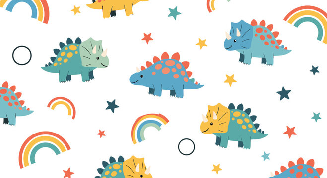 Cute cartoon dinosaurs with rainbows and stars in a playful seamless pattern.