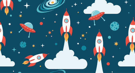 A colorful and playful space-themed illustration featuring rockets, UFOs, planets, and stars against a dark blue background, suitable for children's designs and educational materials about the cosmos.