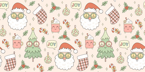 Retro Groovy Christmas Seamless Pattern. Merry Christmas Print. Cartoon Festive Background
