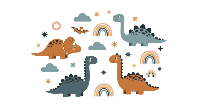 Cute dinosaur pattern with pastel colors showcasing various species of dinosaurs and celestial elements, perfect for kids' room decor and design.