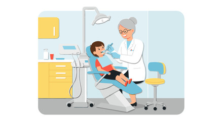Pediatric dentistry visit: child patient with female dentist in clinic setting