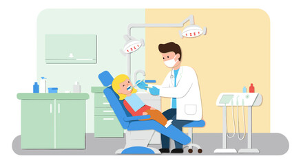 Friendly dentist treating child in modern clinic with bright colors and flat design