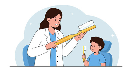 Dentist teaching child proper toothbrushing technique with large demonstration brush