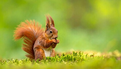 Red squirrel standing on forest grass, holding food in its paws, surrounded by blurred green and brown foliage in a serene natural setting.