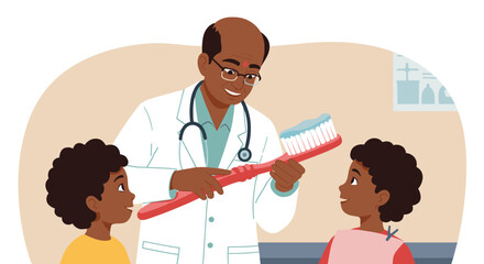 Doctor explaining dental care to kids with giant toothbrush in flat design