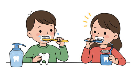 Cute cartoon kids brushing teeth with toothpaste and mouthwash on a white background