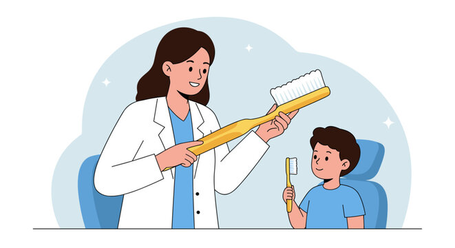 Dentist teaching child proper toothbrushing technique with large demonstration brush