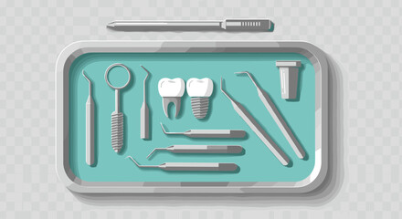 Dental equipment setup: professional tools on tray with checkered background