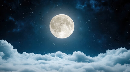 Bright moon illuminating clouds in serene night sky creates peaceful atmosphere