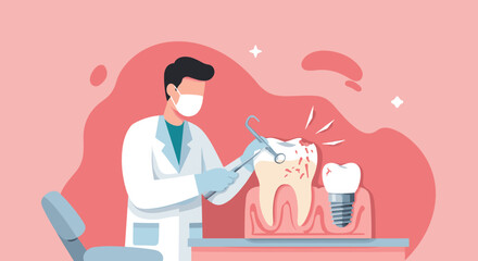 Dental professional performing tooth restoration in modern flat design