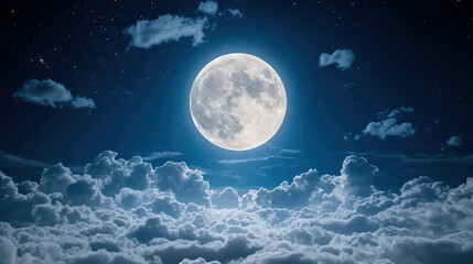 Bright moon illuminating clouds in serene night sky creates peaceful atmosphere