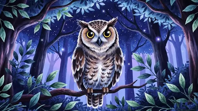 Owl perched on a branch in a forest at night, surrounded by trees and leaves under a starry sky, creating a serene and magical atmosphere.