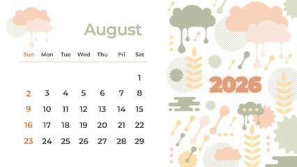 Cute hand-drawn Doodle August 2026 calendar