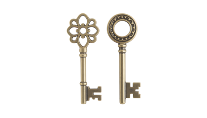 Two ornate brass keys with gear and arrow emblems isolated on transparent background
