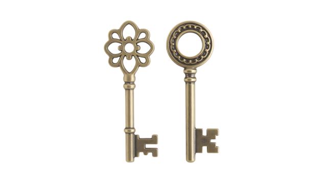 Two ornate brass keys with gear and arrow emblems isolated on transparent background
