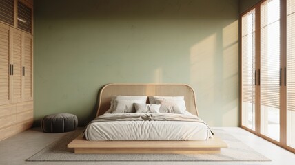 A modern, minimalist bedroom featuring a wooden bed frame, soft linens, and large windows that let in natural light.