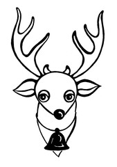 Stylized illustration of deer. Portrait of an animal in the face. Line art. Drawing in black outline. Black bell on neck. Santa Claus reindeer Rudolph. Isolated on white background. Doodle. Monochrome