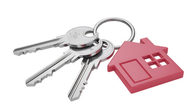 Key with tag. House keys Pink isolated on a transparent background. Real estate concept. PNG
 - Powered by Adobe