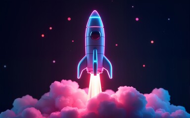 Obraz premium Multi-colored glowing neon rocket, representing futuristic technology and space travel concepts. High quality