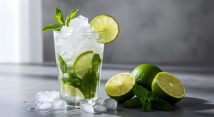 Fresh Mojito Cocktail: Mint, Lime & Ice – Summer Beverage Styling
