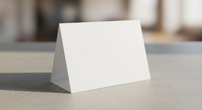 Blank triangular table tent on smooth surface in bright sunlit room