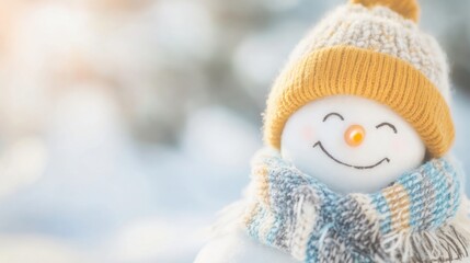 Obraz premium Smiling snowman wearing a colorful hat and scarf on a snowy day