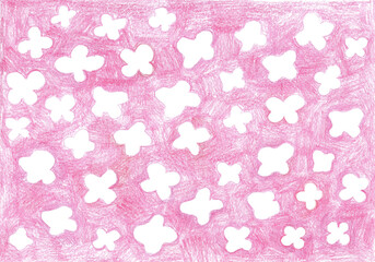 Seamless hand drawn pattern with white flower silhouettes on pink crayon background. Flowers of various sizes, simple shape with four petals. Spring blossom. Design for kids, fabric, wallpaper, cards.