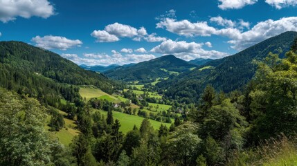 Fototapeta premium A breathtaking landscape showcases rolling hills vibrant trees and fluffy clouds under a clear blue sky.