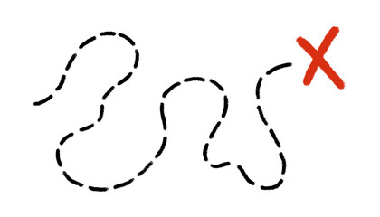 Old pirate treasure map. Dashed line and red X sign on travel paper map. Path to treasure and gold location. Old pirate letter. Vector illustration isolated on white background.