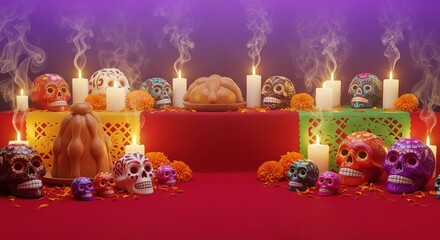 Día de los Muertos gradient from ruby red to soft violet, altar table filled with pan de muerto and sugar skulls