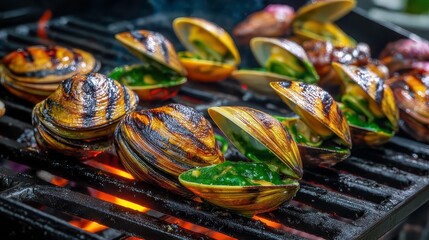 Fototapeta premium Grilled Clams Seafood BBQ | Gourmet Food Fine Dining