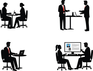 Business professionals silhouettes, corporate teamwork, office meeting, workplace communication, interview, discussion, collaboration, recruitment, evaluation, flat vector