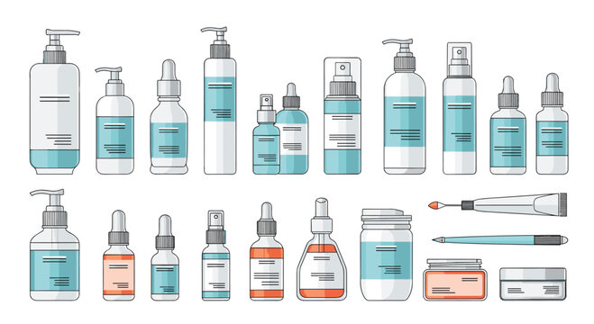 Collection of assorted skincare and cosmetic bottles and containers for beauty products.