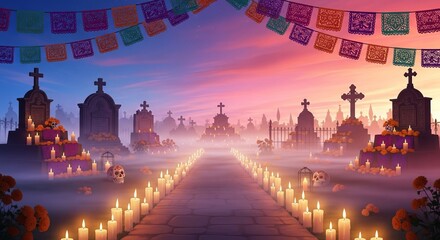 Día de los Muertos radiant gradient from indigo night to pink-orange dawn