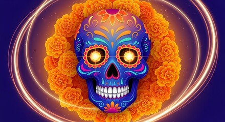 Día de los Muertos brilliant gradient from royal blue to tangerine, luminous sugar skull centerpiece surrounded by petals