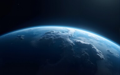 Fototapeta premium Realistic photo of Earth from space, showcasing the planet's blue atmosphere and cloud formations against the dark backdrop of space. Concept of planet Earth and space exploration. High quality