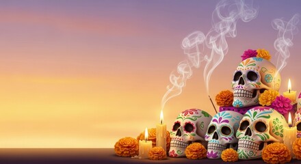Día de los Muertos soft gradient from pastel rose to golden amber, decorated skulls and incense smoke drifting