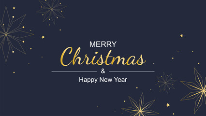Merry Christmas and Happy New Year banner. Festive horizontal layout with congratulatory text, gold stars, and snowflakes. Dark blue holiday template with gold decor, vector graphic
