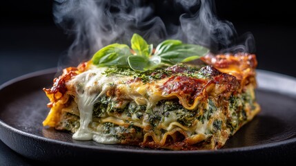 A mouthwatering lasagna rests on a dark plate steaming with melted cheese and fresh herbs.