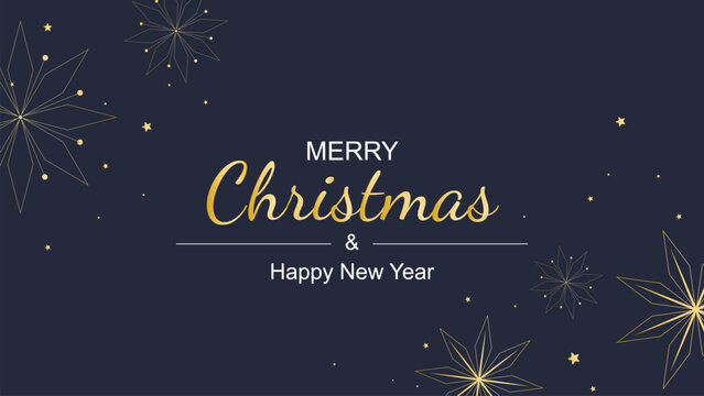 Merry Christmas and Happy New Year banner. Festive horizontal layout with congratulatory text, gold stars, and snowflakes. Dark blue holiday template with gold decor, vector graphic
