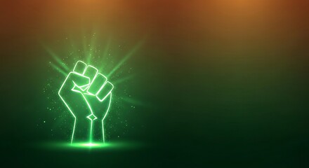 Black Awareness Day glowing gradient from forest green to bronze gold, raised fist of unity glowing in center