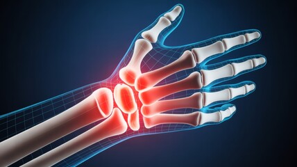 The entire hand and forearm are encased in a subtle, glowing blue wireframe or digital mesh, representing a high-tech scan, diagnosis, or digital healthcare application.