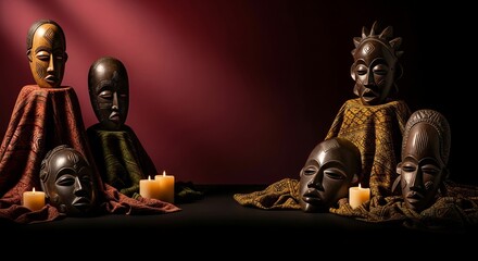 Black Awareness Day gradient from dark wine red to ebony, candlelight illuminating African masks and fabrics
