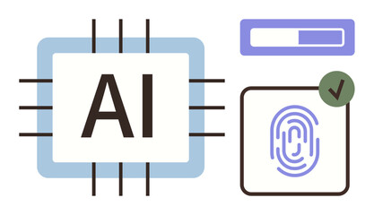 AI microchip with processing pathways, loading progress bar, fingerprint with verification checkmark. Ideal for innovation, security, digital identity, data processing, automation, machine learning
