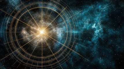 Fototapeta premium Bright cosmic explosion radiating golden light amidst starry blue and black universe