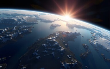 Earth from Space: The stunning view of earth from outer space reveals a breathtaking panorama of continents, oceans, and atmosphere, as the sun's light illuminates the horizon. High quality