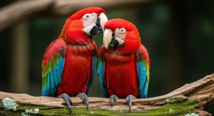 Fototapeta premium Scarlet Macaw Pair: Vibrant Plumage and Intimate Perch on Mossy Branch