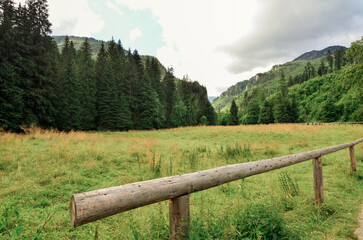 Fototapeta premium Scenic mountain landscape in Koscielisko, Poland, featuring a rustic wooden fence, rolling hills, and lush greenery, perfect for travel, nature, and outdoor-themed projects.