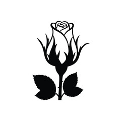 Black silhouette of a rose with leaves and thorns flower