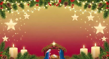 Christmas gradient from pale gold to deep crimson, twinkling lights, pine garlands, stars and candles surrounding manger scene